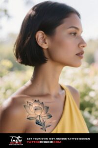 A woman's neck with a lotus flower tattoo, captured in soft sunlight with a garden background.
