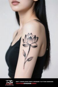 A woman's shoulder with a lotus flower tattoo, wearing a strapless black top.