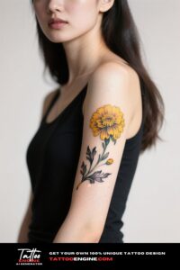 A vivid marigold flower tattoo on a woman's forearm.