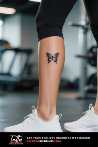 A close-up of a minimalist butterfly tattoo on a woman's calf with leggings and sneakers