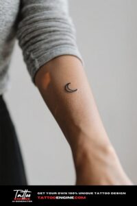 Extreme close-up of a woman's wrist with a crescent moon tattoo.