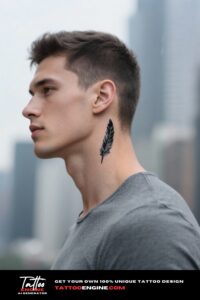 Close-up of a man's neck with a minimalist feather tattoo behind the ear.
