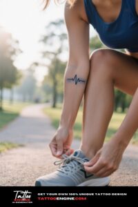 Close-up of a woman's forearm with a heartbeat line tattoo.