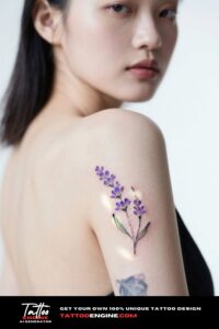 An inner forearm tattoo of a minimalist lavender sprig on a woman's arm.
