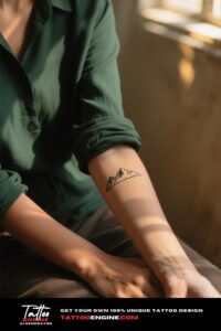 Woman's forearm with a minimalist mountain range tattoo.