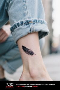 Subtle raven feather tattoo on a woman's ankle