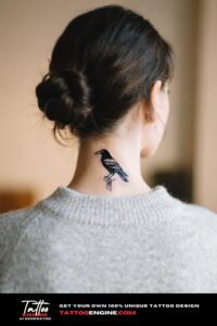 Subtle raven tattoo on the nape of a woman's neck