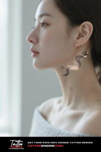 A close-up of a woman's neck with a fine-line wave tattoo just behind the ear, with soft natural lighting.