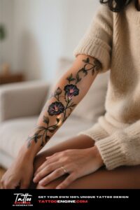 A woman's forearm with a morning glory tattoo, wearing a beige sweater.