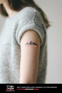 Close-up of a woman's inner arm with a mountain range tattoo and a grey sweater