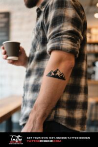 Medium shot of a man's forearm with a mountain range tattoo, wearing a plaid shirt in a coffee shop.