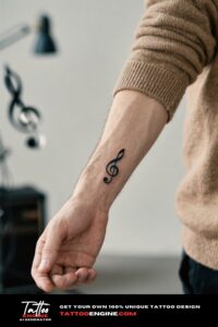 Extreme close-up of a fine-line music note tattoo on a man's wrist with a light brown sweater.