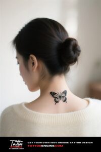 A minimalist butterfly tattoo on the nape of a woman's neck with her hair in a bun