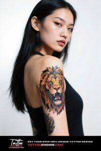 Cinematic shot of a man's arm with a lion tattoo, wearing a rolled-up black t-shirt.
