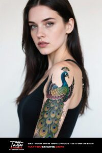 Close-up of a woman's arm with a peacock tattoo, wearing a yellow dress.