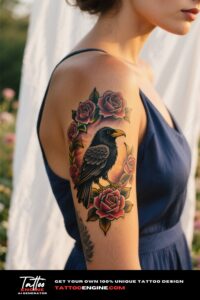 Colorful neo-traditional raven tattoo on a woman's arm