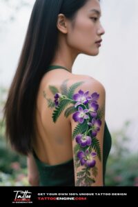 A woman's shoulder with an orchid and fern tattoo, wearing a green dress.