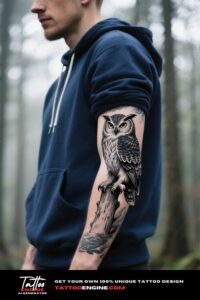 A detailed owl tattoo on a man's forearm, wearing a navy blue hoodie.