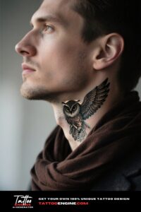 Side profile of a man's neck with an owl tattoo, wearing a brown scarf.