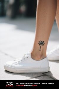 Close-up of a woman's ankle with a palm tree tattoo and white sneakers