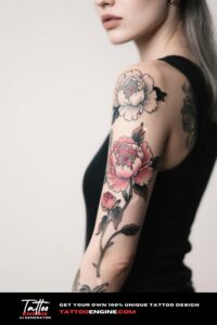 A close-up of a woman's forearm with a colorful peony tattoo.