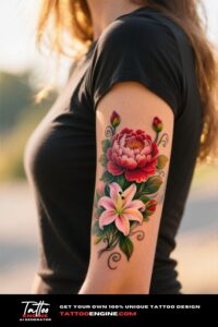 A woman's arm with a peony and lily tattoo, wearing a black t-shirt.
