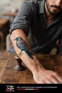 Close-up of a man's forearm with a realistic raven tattoo perched on a branch.