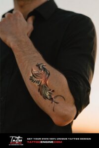 Close-up of a fine-line phoenix tattoo on a man's forearm with a black shirt.