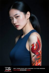 Medium shot of a woman's arm with a neo-traditional phoenix tattoo