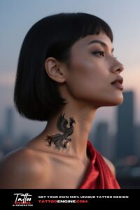 A woman's neck with a black and grey phoenix tattoo, captured in a cinematic cityscape setting.