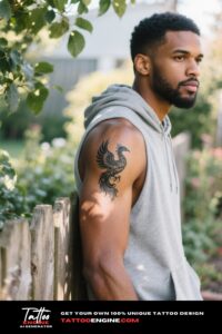 Close-up of a man's upper arm with a phoenix tattoo, in a garden setting.