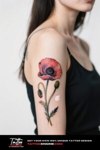 A vibrant poppy flower tattoo on a woman's forearm.
