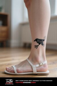 Close-up of a woman's foot with a raven claw tattoo, wearing white sandals.