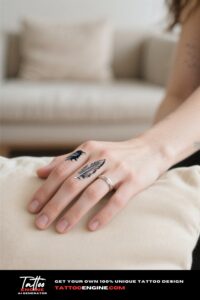 Intricate raven feather tattoo on a woman's finger