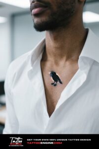 Simple raven silhouette tattoo on a man's chest