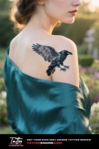 Detailed raven tattoo on a woman's shoulder blade