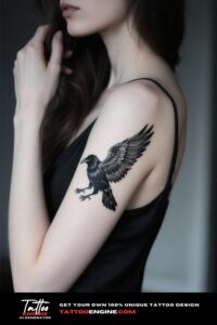 A detailed raven tattoo on a woman's arm, with soft dramatic lighting and a minimalistic background.