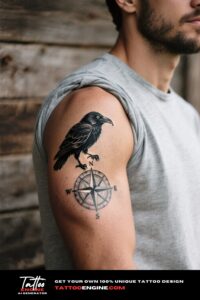 Detailed raven and compass tattoo on a man's bicep
