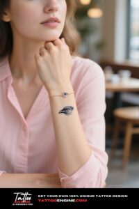 Intricate raven's eye tattoo on a woman's wrist