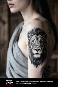 A realistic lion head tattoo on a woman's upper arm