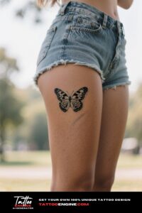 A close-up of a realistic butterfly tattoo on a woman's thigh with denim shorts