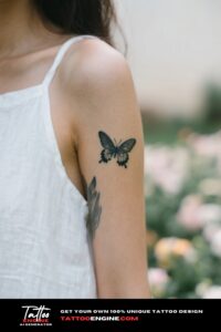A close-up of a realistic butterfly tattoo on a woman's upper arm wearing a white dress