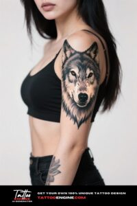 Close-up of a man's arm with a wolf tattoo, wearing a rolled-up navy blue t-shirt.