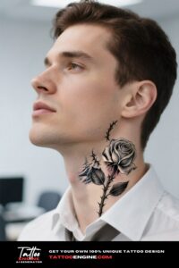 Close-up of a man's neck with a rose tattoo, wearing a white shirt and tie.