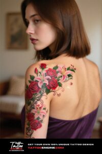 A woman's shoulder with a rose and lily tattoo, wearing a purple top.
