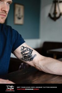 Detailed sailing ship tattoo on a man's forearm