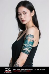 Close-up of a woman's arm with a seascape tattoo, wearing a teal blouse.