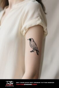 Delicate single-line raven tattoo on a woman's forearm