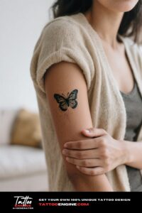 A close-up of a sketch-style butterfly tattoo on a woman's forearm with a beige cardigan