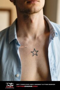 Close-up of a fine-line star tattoo on a man's upper chest with an open light blue shirt.